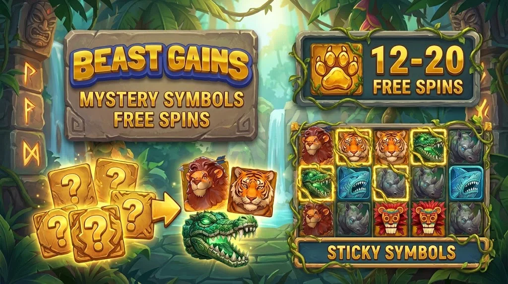 Beast Gains Mystery Symbols Free Spins — sticky mystery icons reveal as premium symbols