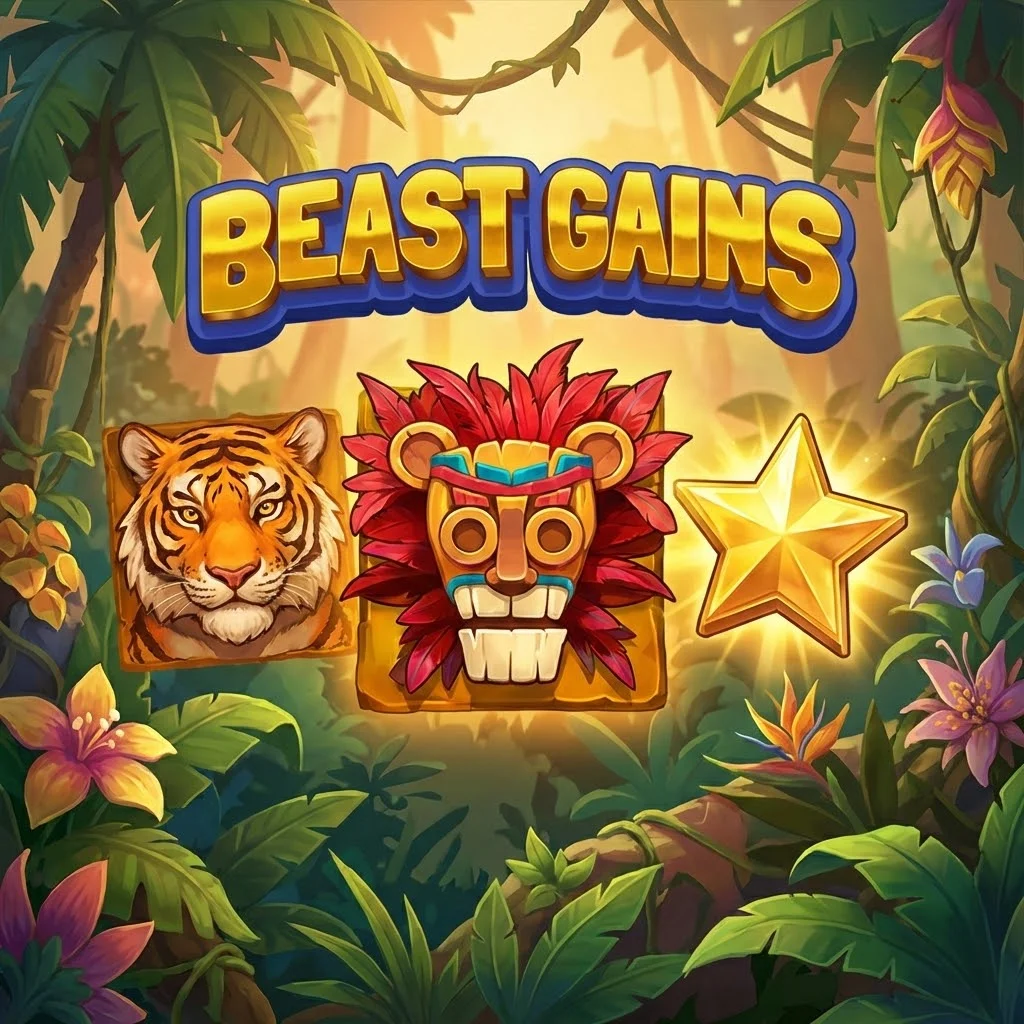 Beast Gains slot — Tiki animal characters on jungle river cruise